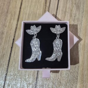Western Silver Glitter Boot Earrings